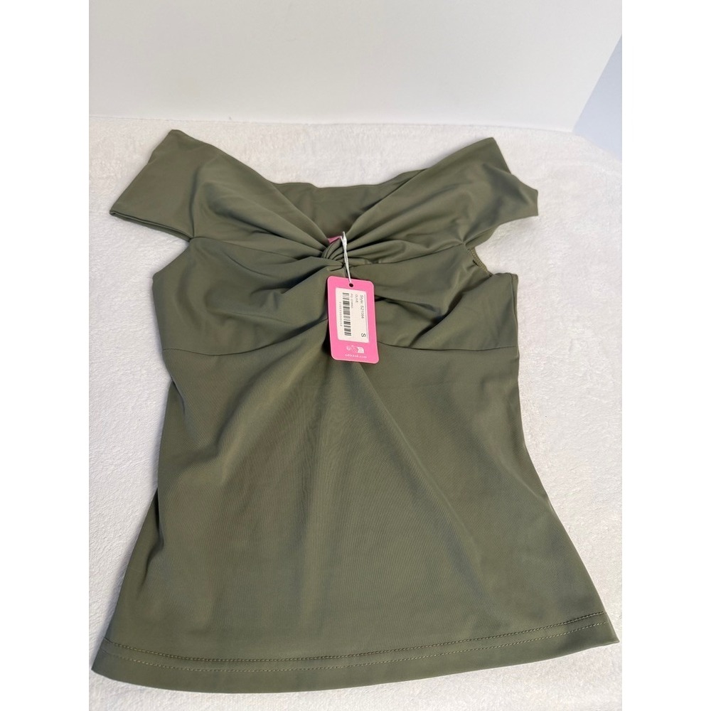 Edikted Olive Off Shoulder,  womens blouse, Twist Front Size S NWT